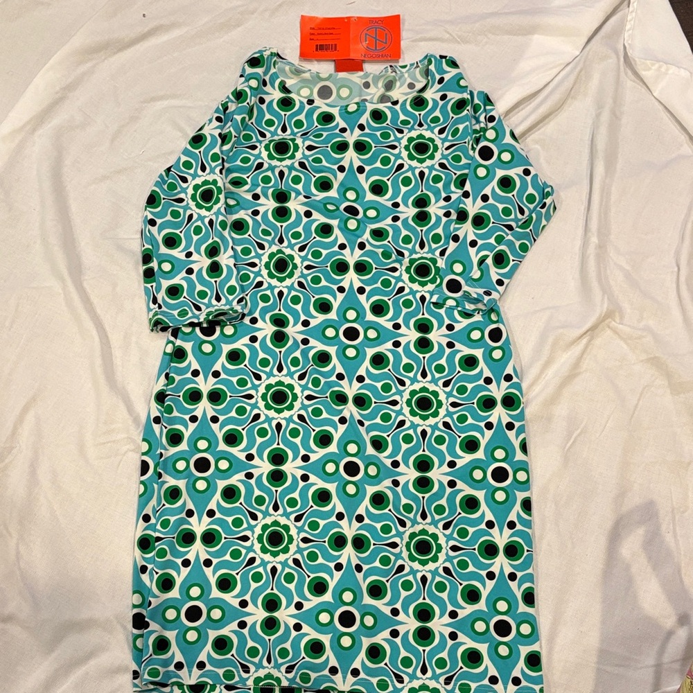 Tracy Negoshian Teal and Green Geometric Long-Sleeve Dress